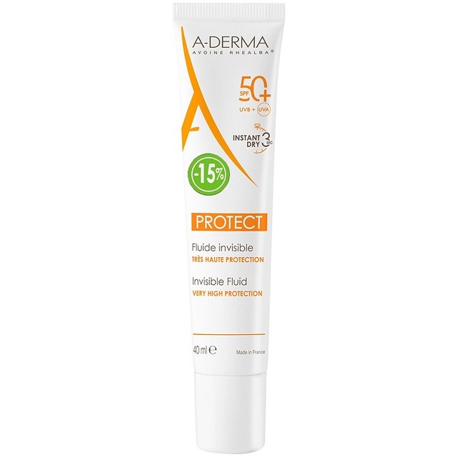 A-Derma Sun Protect Invisible Fluid Λεπτόρευστη Αντηλιακή Κρέμα Προσώπου SPF50+, 40ml
