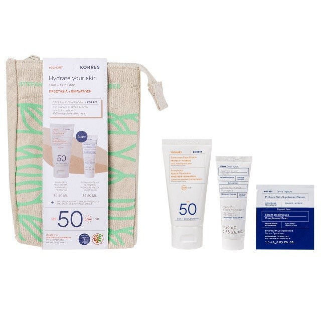 Korres Πακέτο Hydrate Your Skin Sunscreen Face Cream SPF50 Αντηλιακή Κρέμα Προσώπου, 50ml & ΔΩΡΟ Foaming Cream Cleanser Αφρώδης Κρέμα Καθαρισμού, 20ml & Greek Yoghurt Serum, 1.5ml & Νεσεσέρ