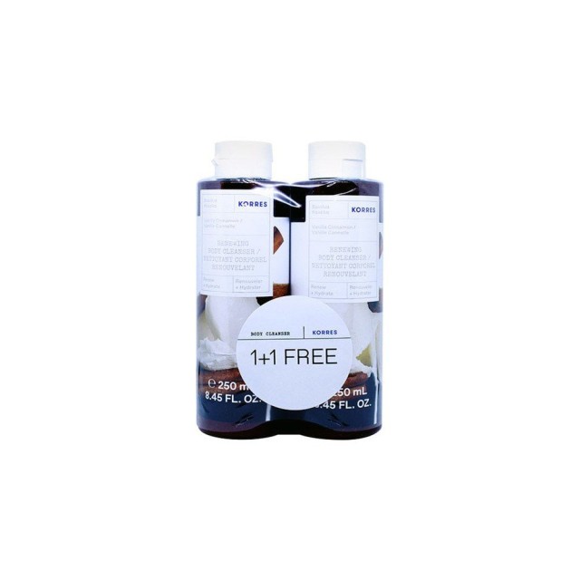 KORRES Renewing Body Cleanser Vanilla Cinnamon Αφρόλουτρο Gel Βανίλια Κανέλα,1+1 Δώρο Πακέτο Προσφοράς, 2x250ml